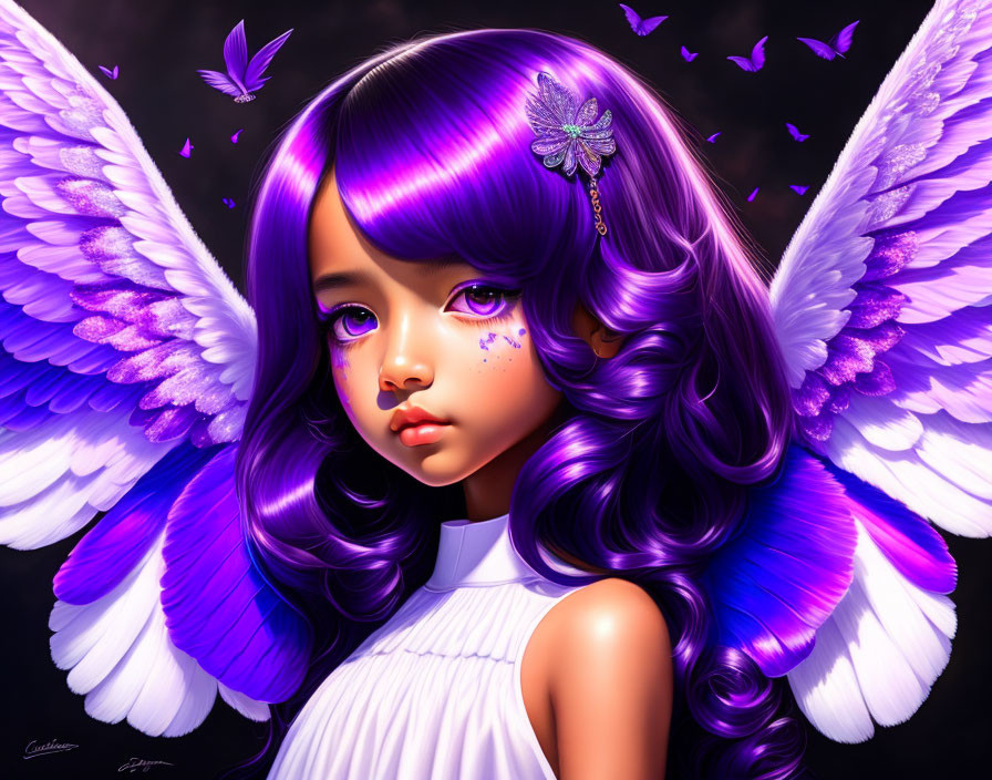 Purple-haired girl with white wings and butterflies on dark background