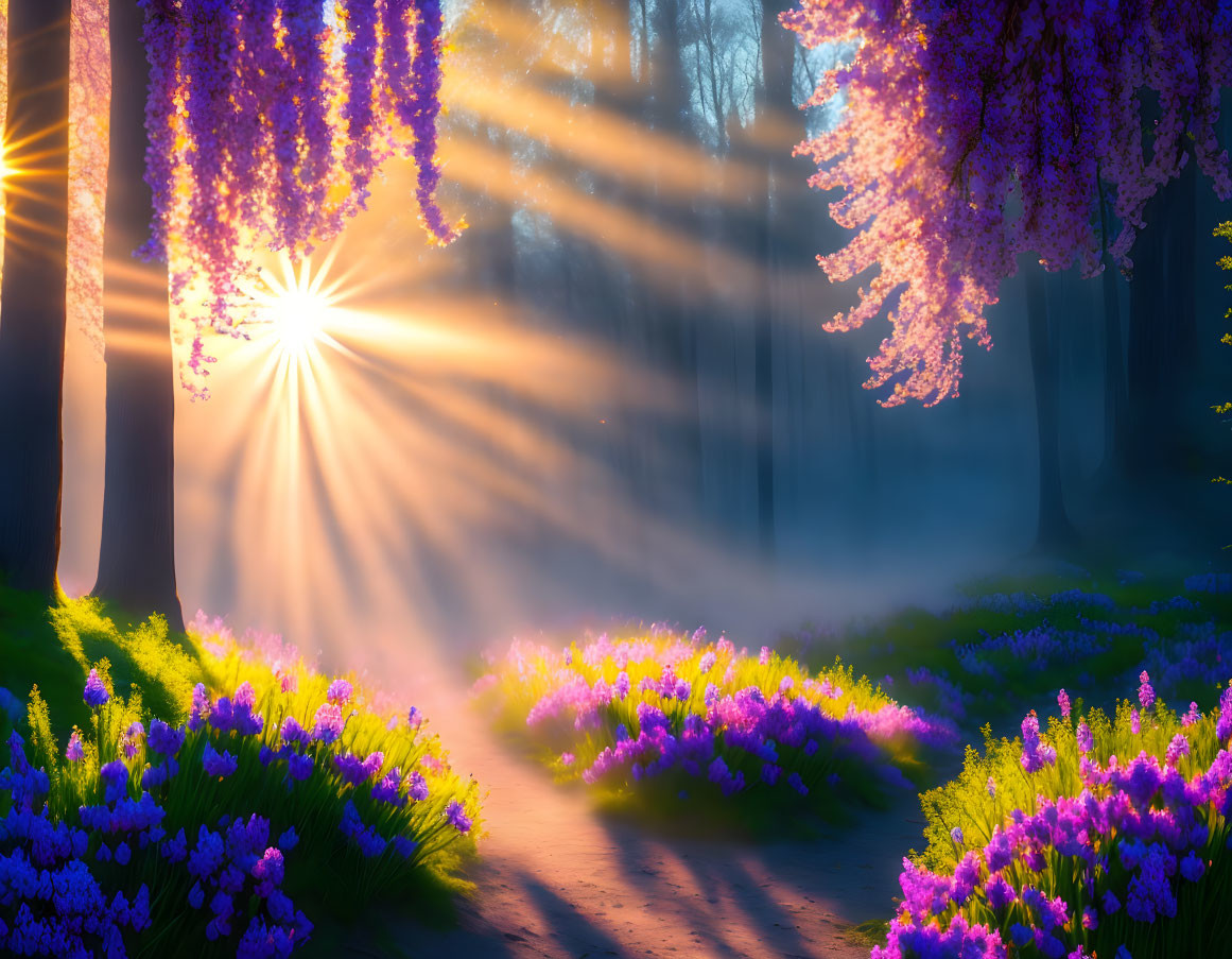 Vibrant forest with blooming wisteria and wildflowers at sunrise