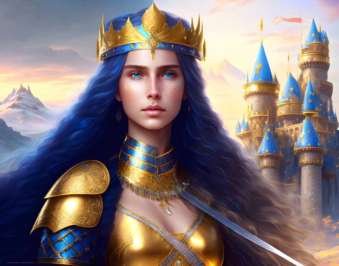 Regal woman with blue hair in golden armor holding a sword in fantasy castle scene