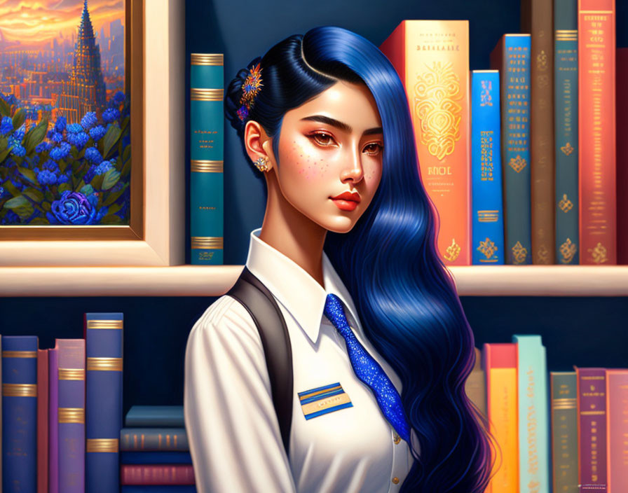 Vibrant blue hair woman in front of colorful bookshelf