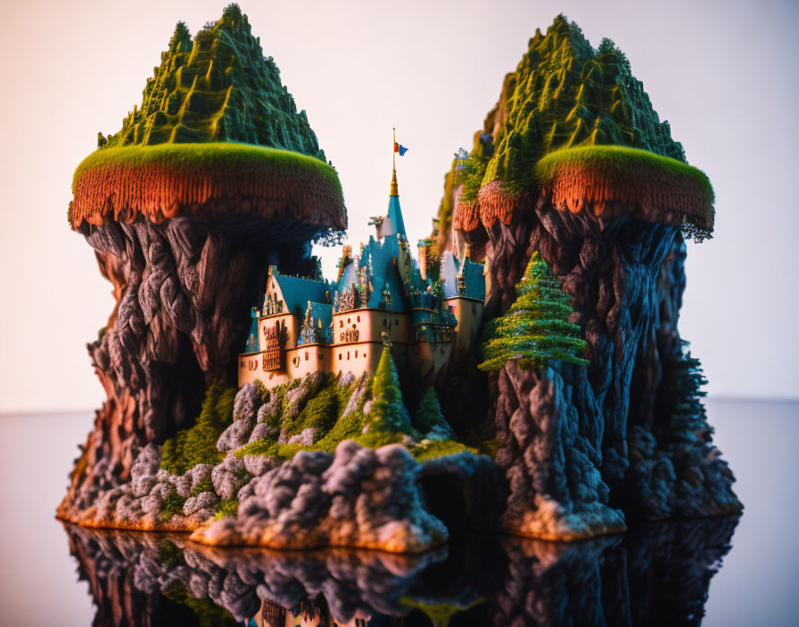 Miniature castle between forest-covered cliffs, illuminated against warm backdrop