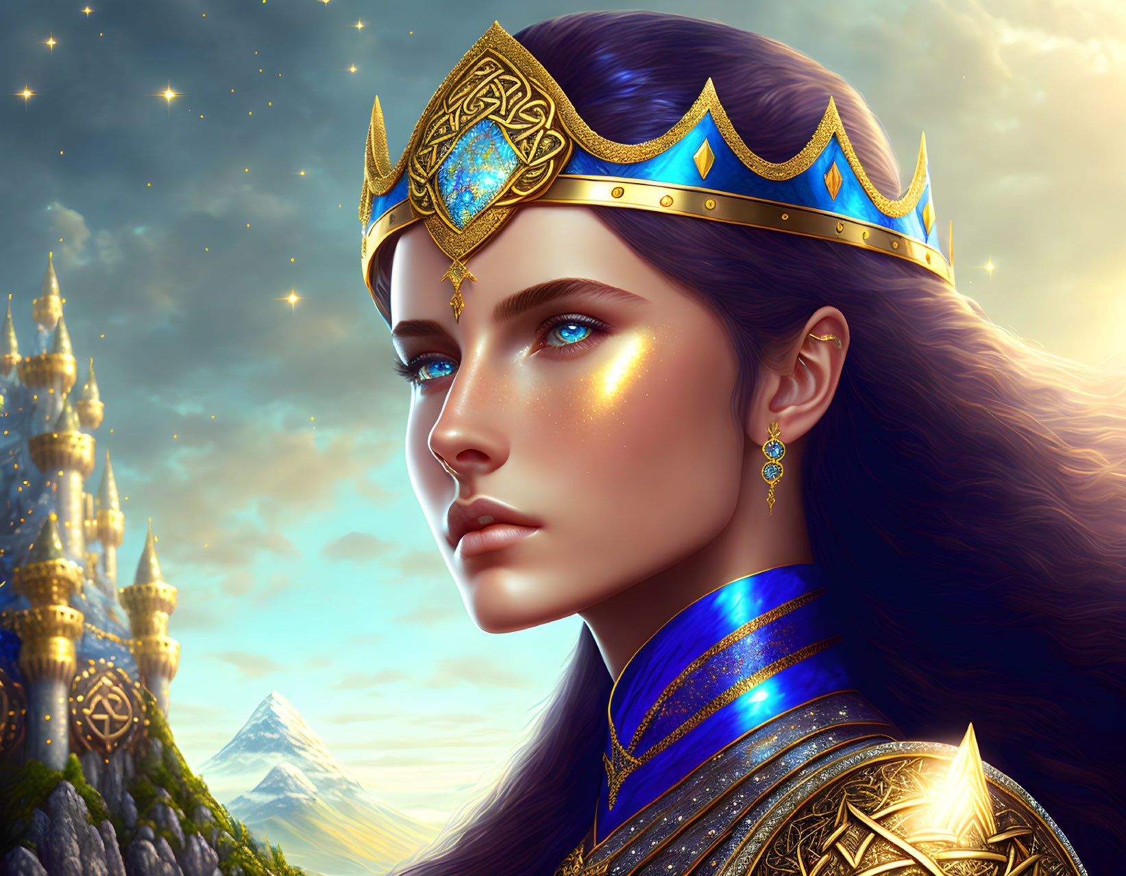 Regal woman in golden crown and blue royal outfit with fantasy castle backdrop