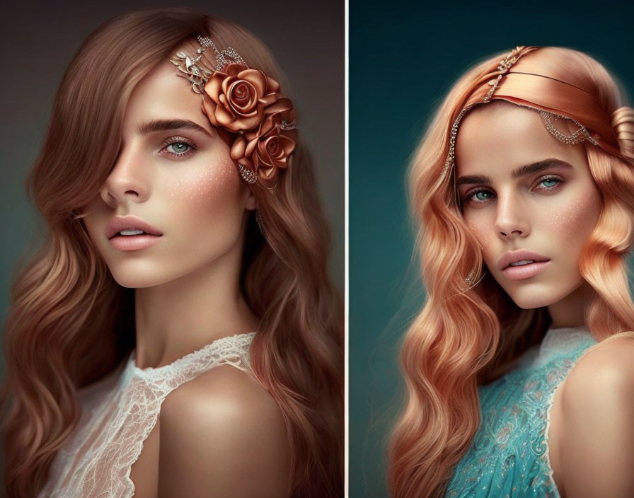 Woman with Wavy Auburn Hair and Floral Headpiece: Striking Eyes and Subtle Makeup