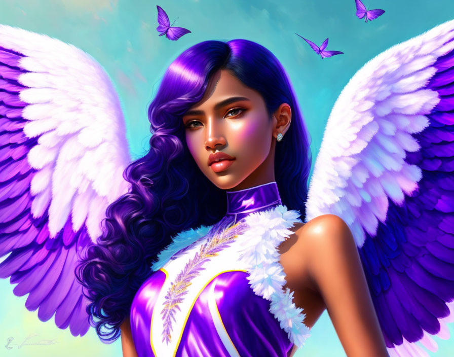 Woman with Angel Wings in Purple Outfit Surrounded by Butterflies on Blue Sky