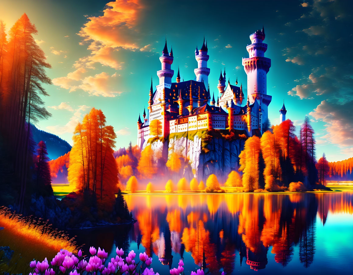 Majestic fairytale castle by reflective lake in autumn sunset