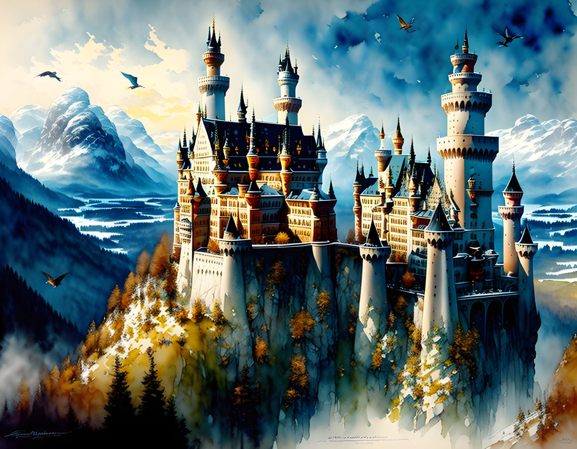 Fantastical castle on cliff in autumn forest with mountains and birds.