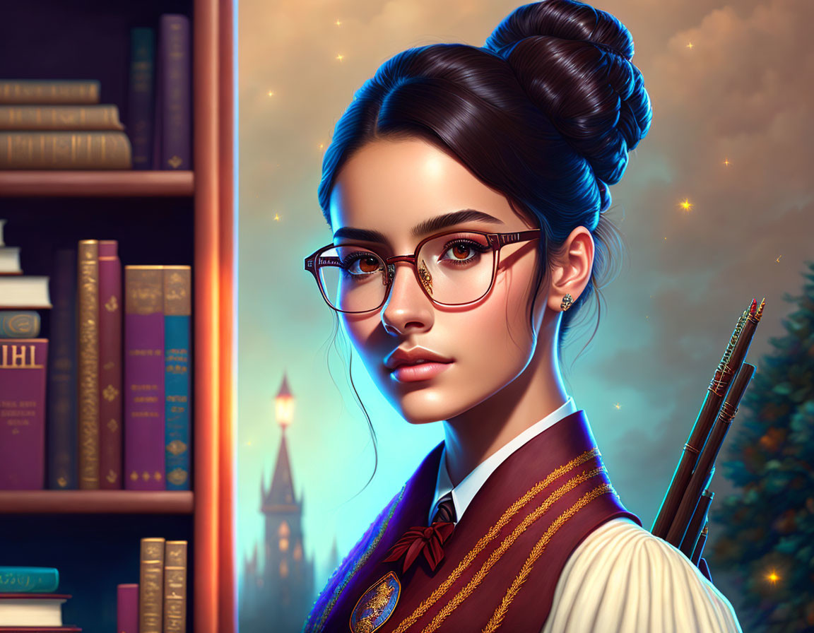 Young woman in glasses and bun in Hogwarts uniform digital art portrait with books and castle.