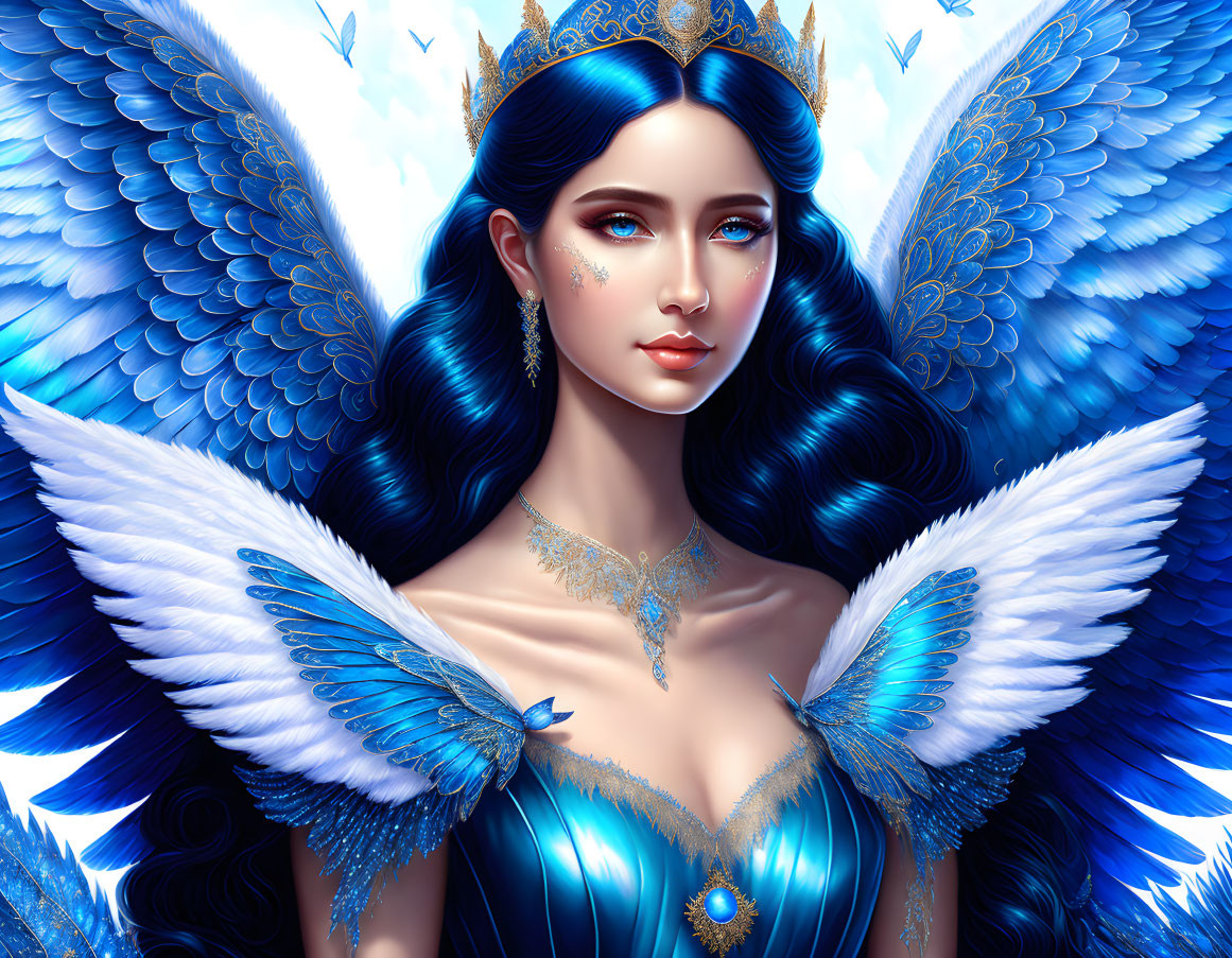 Illustrated Woman with Blue Hair and Angel Wings in Ornate Dress on Blue Background