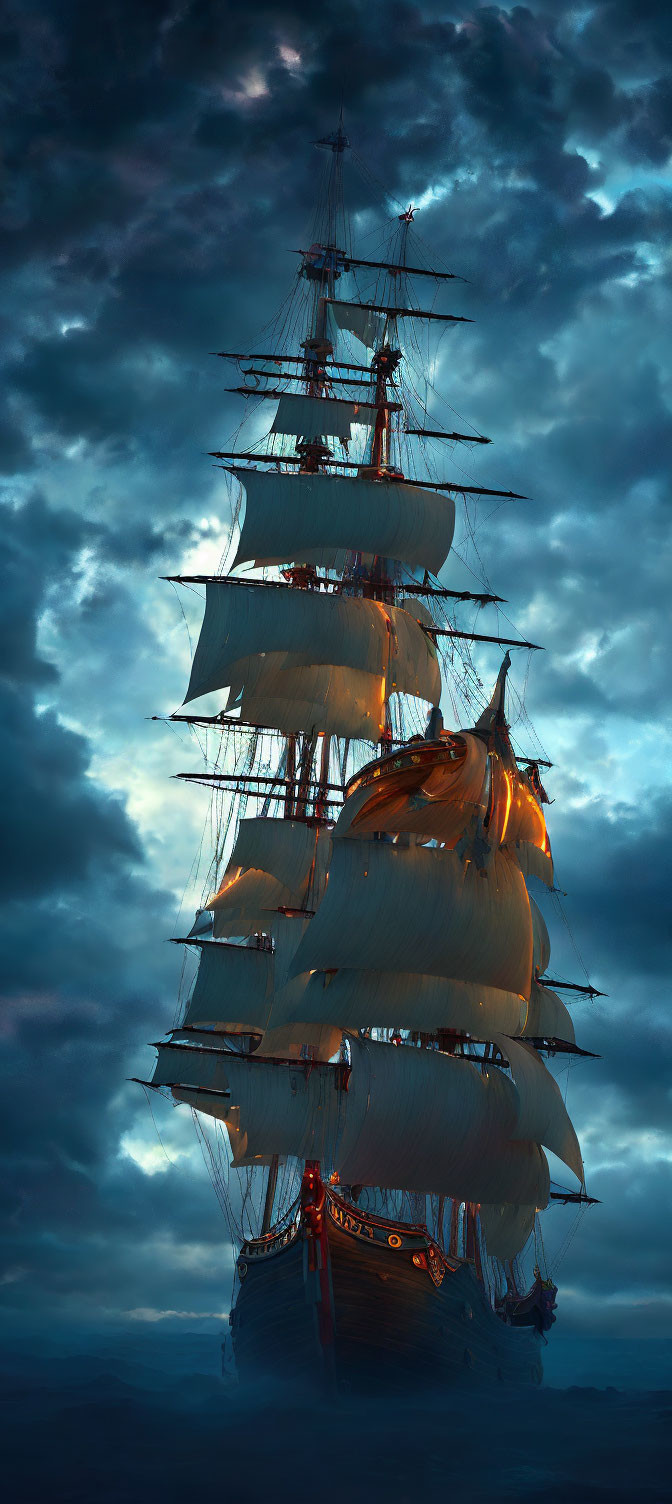 Majestic tall ship sailing under dramatic twilight sky