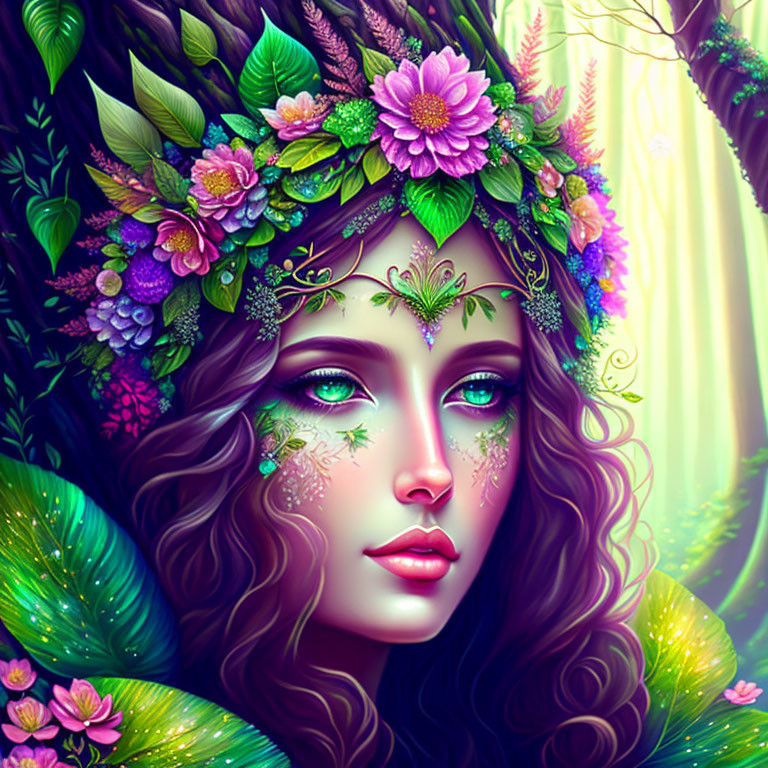 Illustrated woman with green eyes in floral crown in enchanted forest