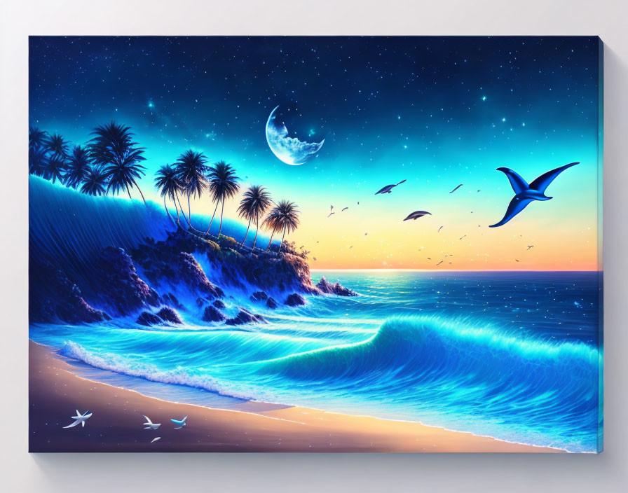 Digital artwork of tropical beach at night with waves, palm trees, moon, stars, and birds