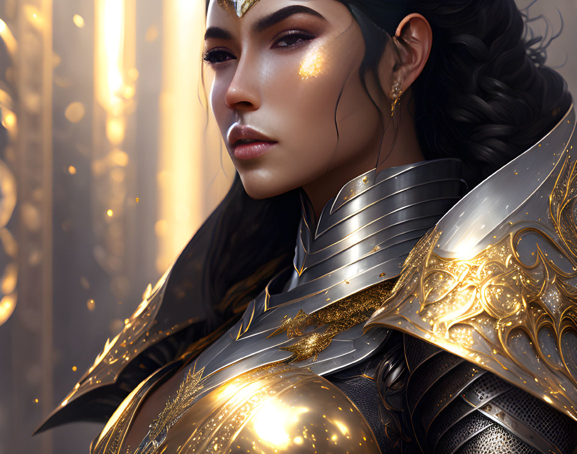 Golden-armored woman with intricate face accents and braided hair.