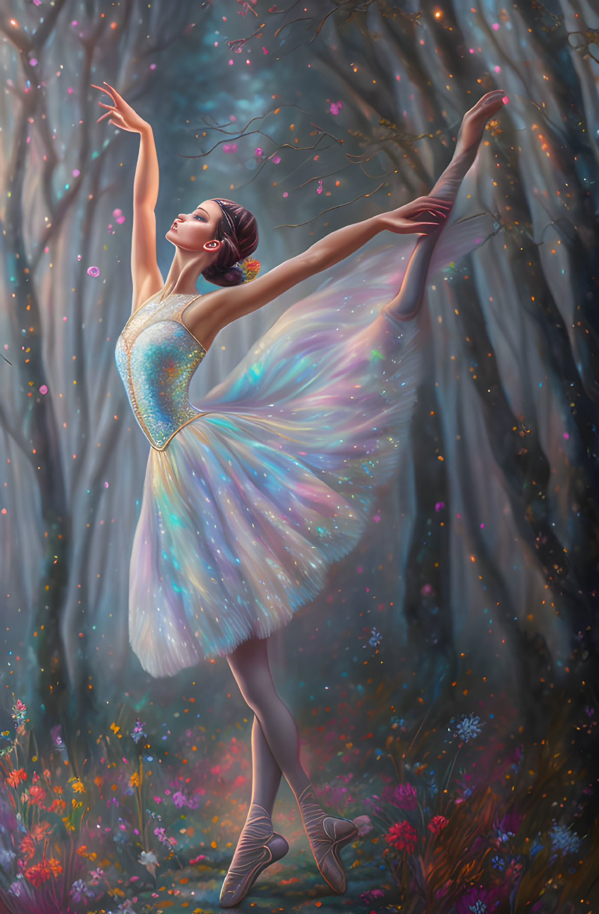 Ballet dancer in glittering tutu performs elegant pose in mystical forest