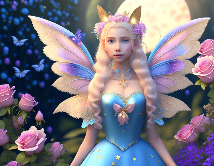 Fantasy digital art: fairy with cat ears, blue dress, wings, roses, fireflies,