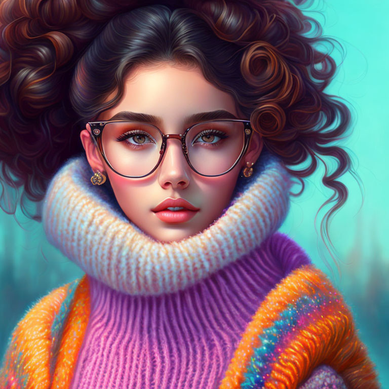 Portrait of woman with curly hair, glasses, and turtleneck sweater on blue background