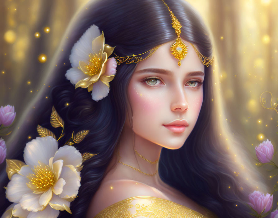 Digital artwork: Woman with long dark hair, gold accessories, and white flowers in magical golden light.