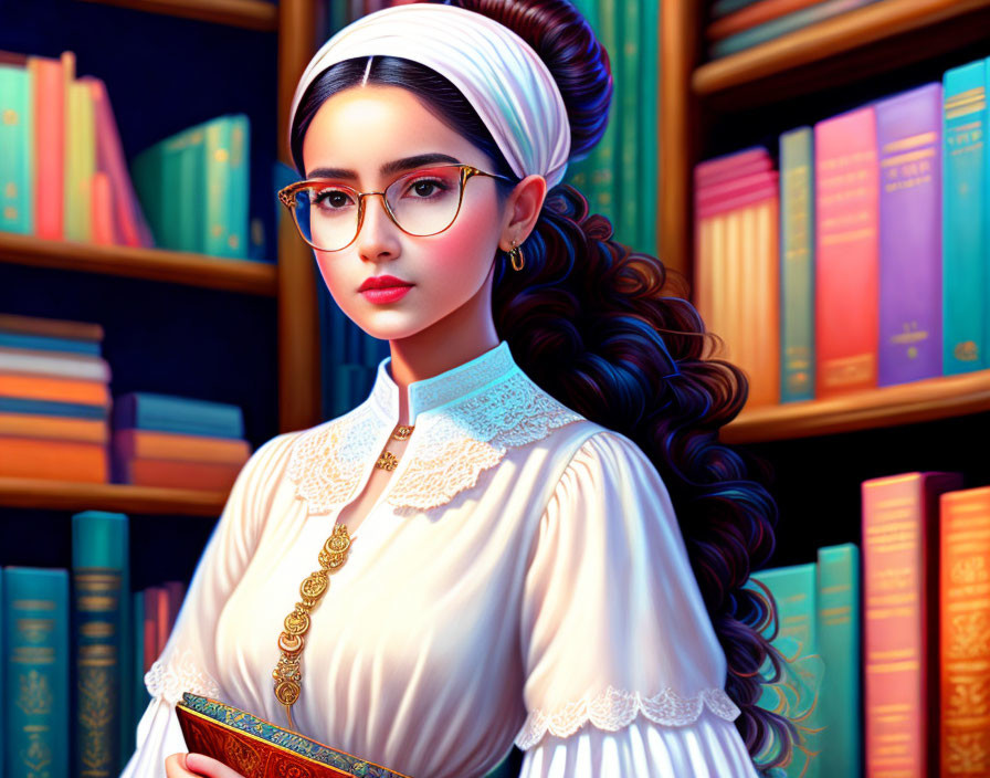 Illustration of woman with glasses and headband in front of colorful bookshelf