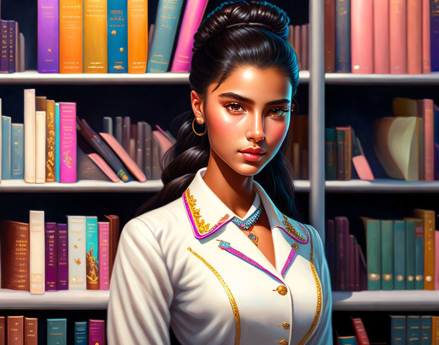 Illustration of woman with high bun and embellished collar in front of colorful bookshelf