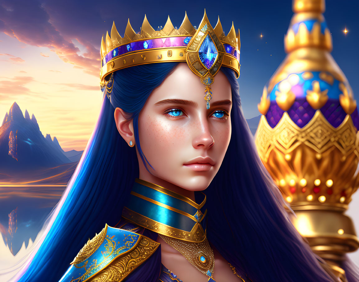 Regal woman with blue hair, golden crown, armor, and scepter in digital art