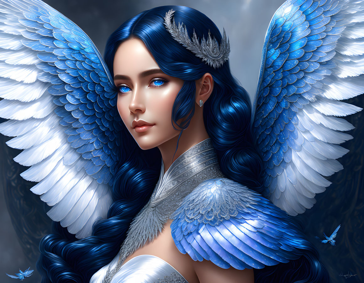 Illustration of woman with blue hair, angel wings, and silver armor in radiant blue aura