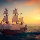 Vintage sailing ship on ocean under dramatic sunset.