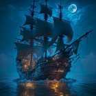 Glowing lights illuminate tall ship on dark ocean