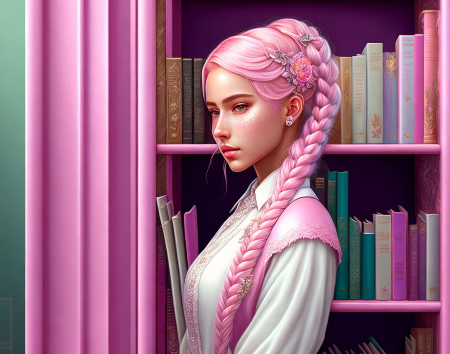 Digital illustration: Woman with pink braided hair in front of bookshelves