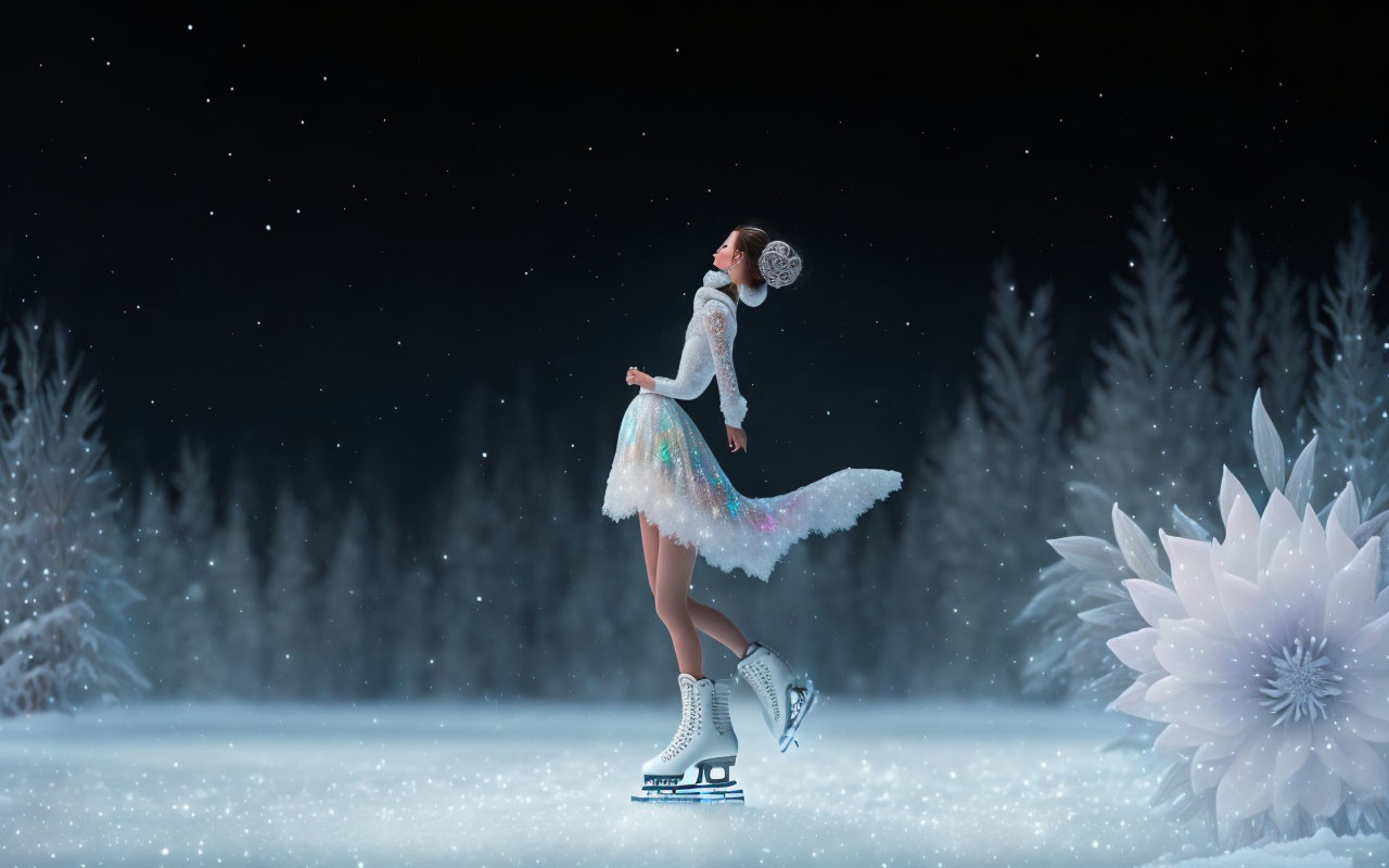 Figure Skater Performs on Icy Surface Amidst Snowy Trees