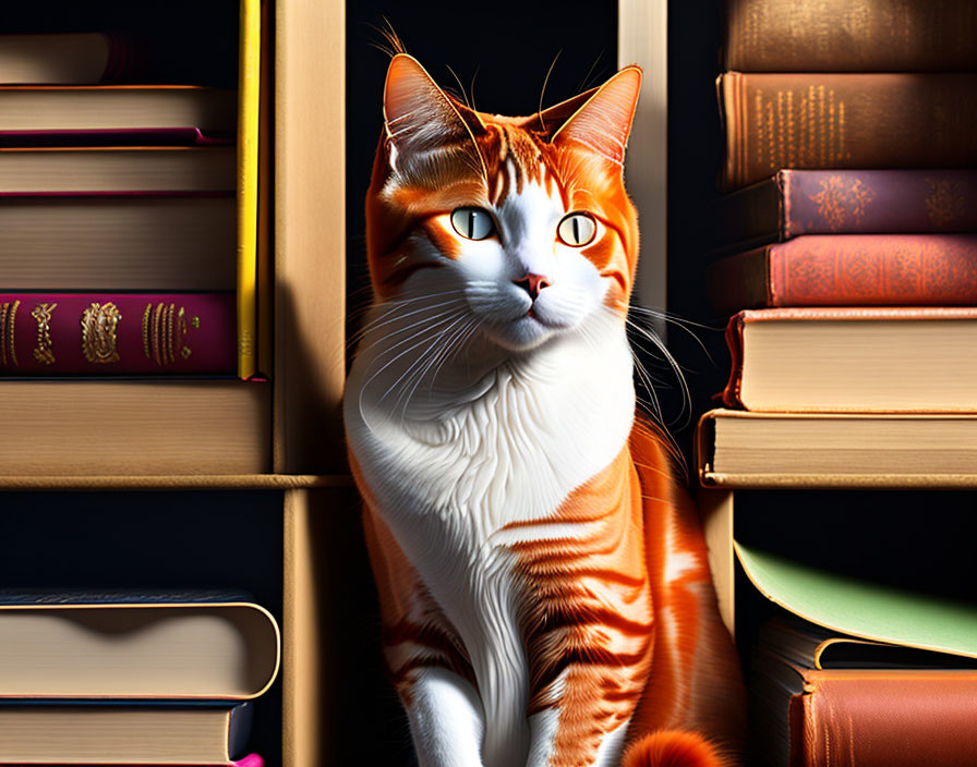 Orange and White Cat Beside Colorful Books Shelf