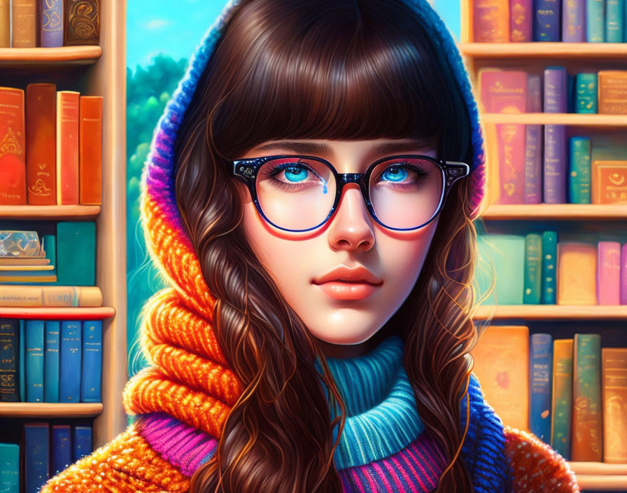 Vibrant illustration of young girl with glasses and books