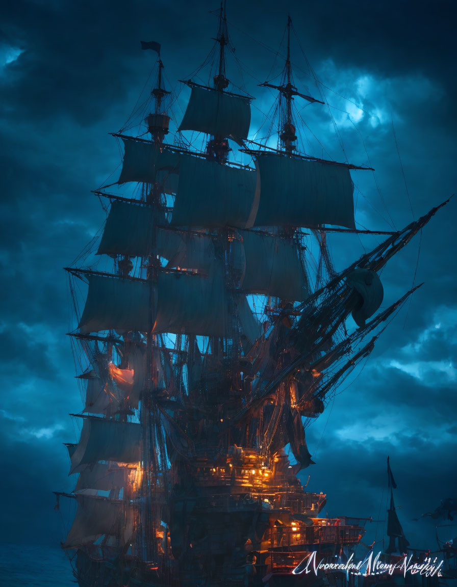 Majestic tall ship illuminated at night with unfurled sails