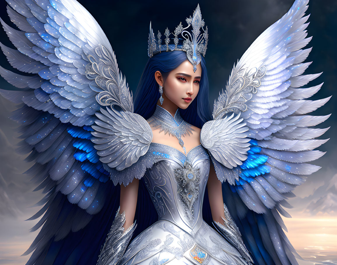 Regal figure with intricate white and blue wings and ornate crown