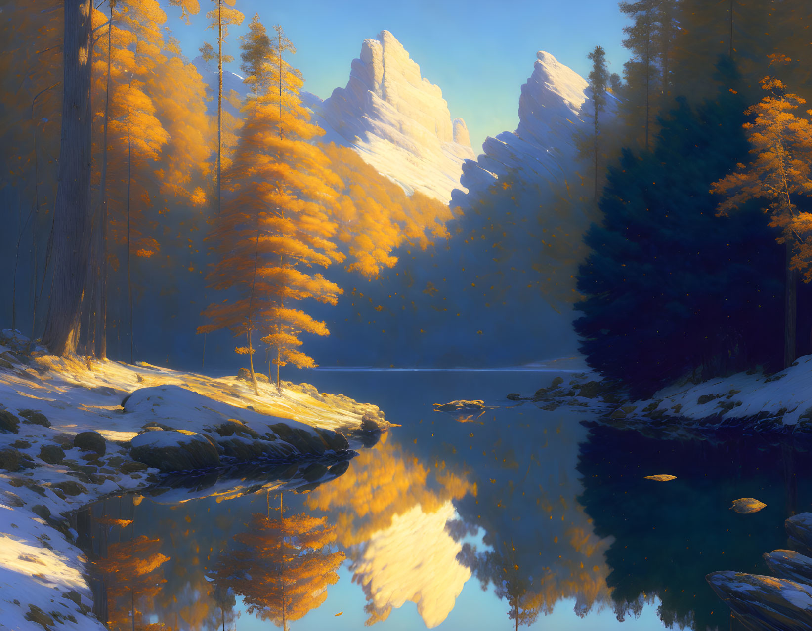 Tranquil autumn landscape with golden trees, reflecting lake, and sunlit mountain.