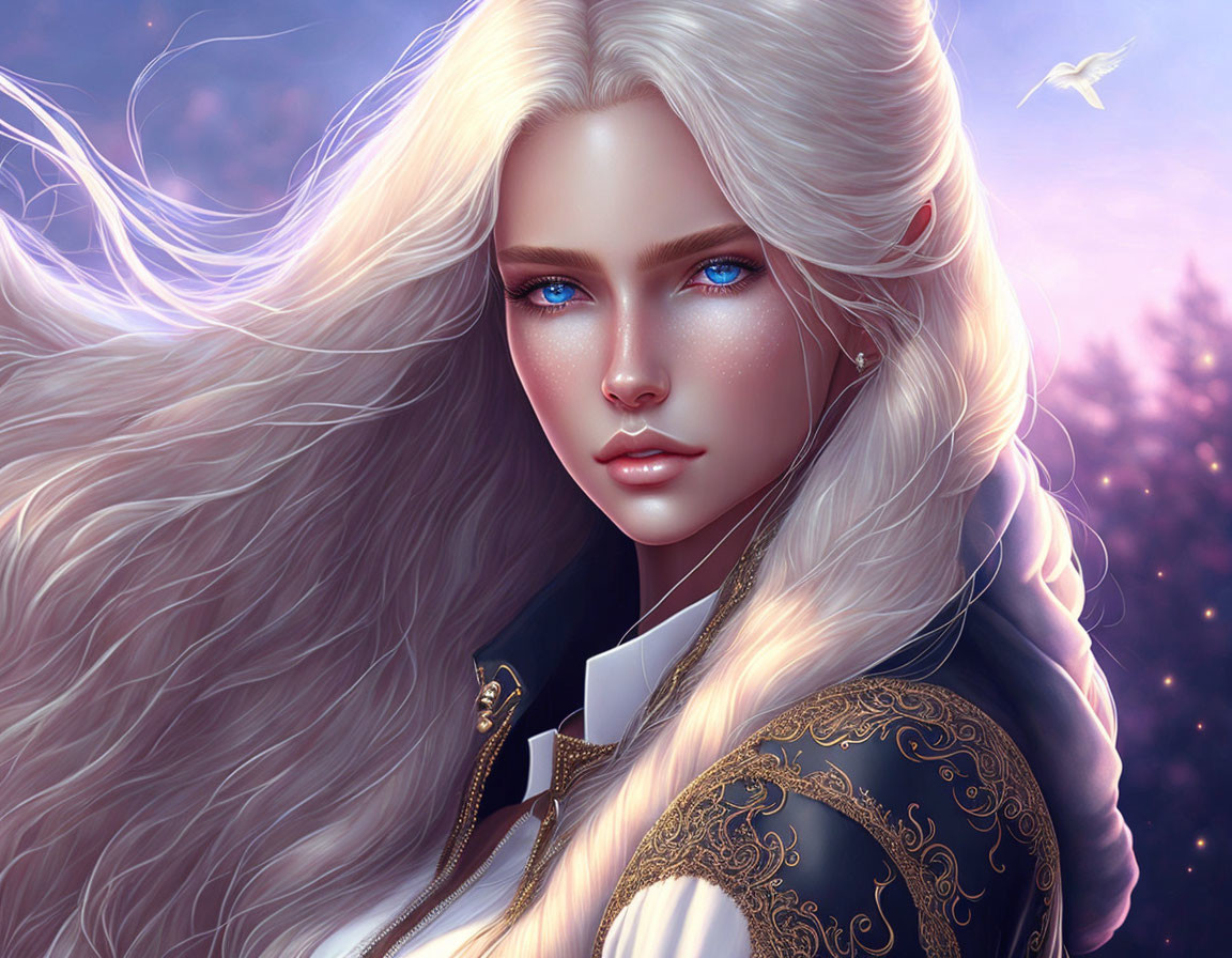 Ethereal woman with long white hair and blue eyes in digital art