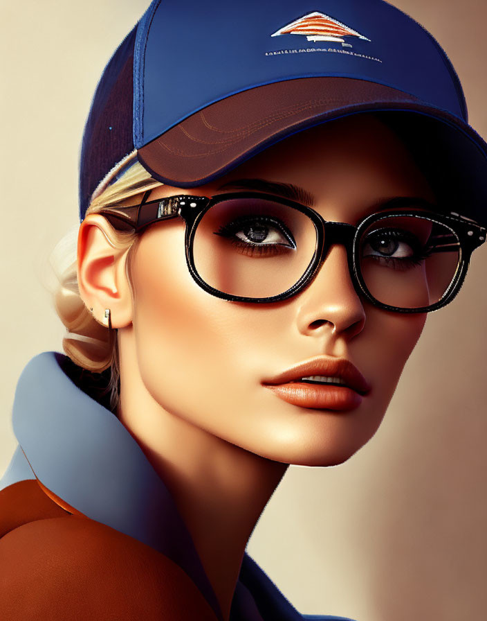 Portrait of woman with glasses, blue cap, blonde hair, and turtleneck.