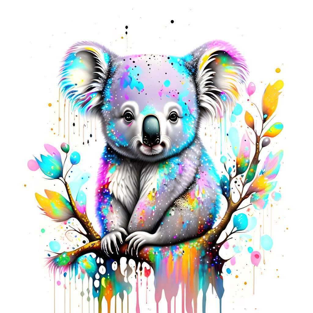 Colorful Koala Digital Illustration with Splatter Effects on Branch