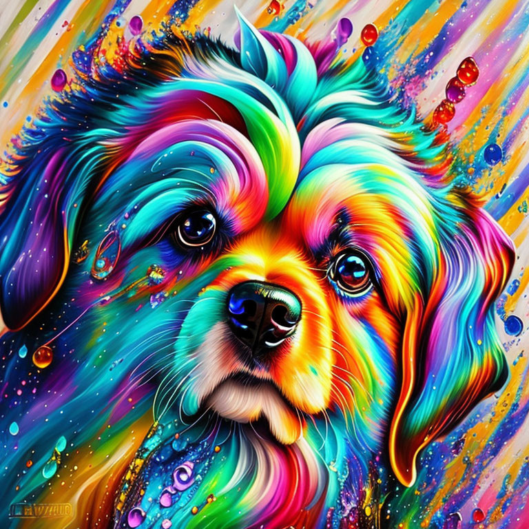 Colorful portrait of a whimsical dog in vibrant rainbow hues.