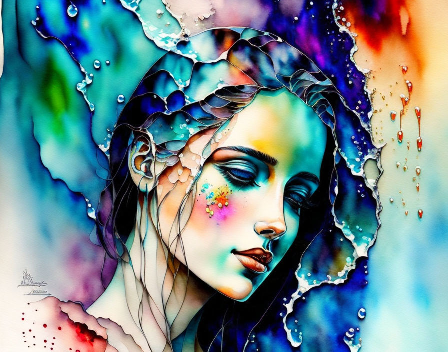 Vibrant Watercolor Portrait Blending Realism and Abstract Elements