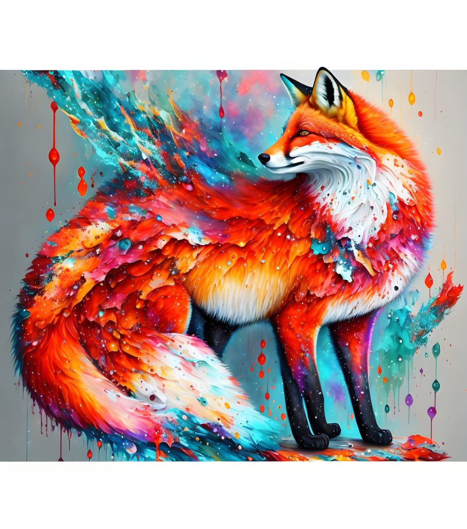 Colorful Fox Painting with Swirling Red, Orange, and Blue Hues