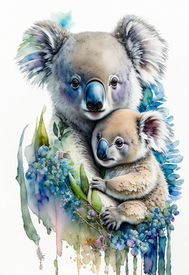 Adult Koala with Young Surrounded by Colorful Flora in Watercolor