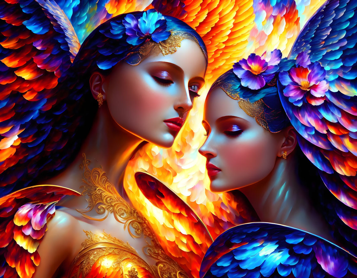 Ethereal women with vibrant butterfly-like wings and golden attire.