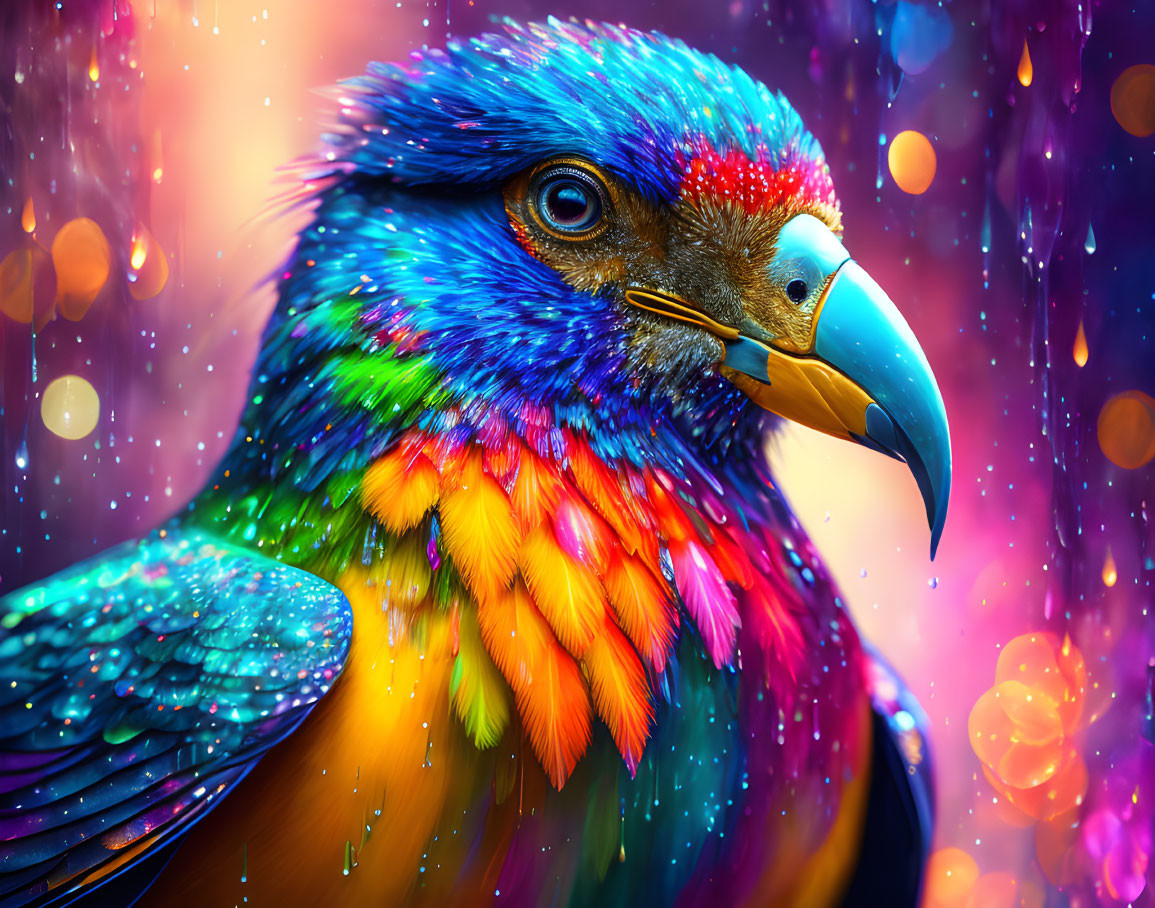 Colorful Parrot with Blue Head and Red Crest in Magical Bokeh Lights