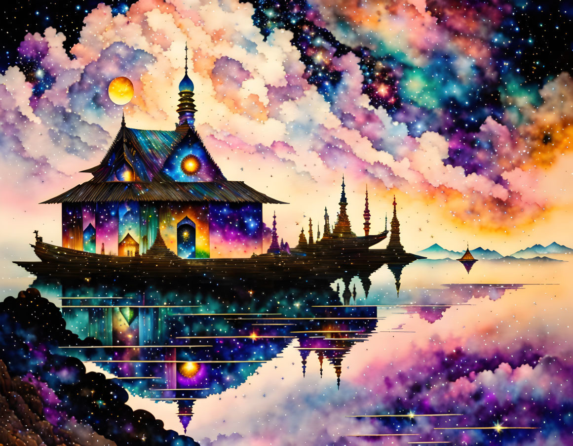 Colorful Temple Boat Illustration Under Cosmos on Tranquil Waters