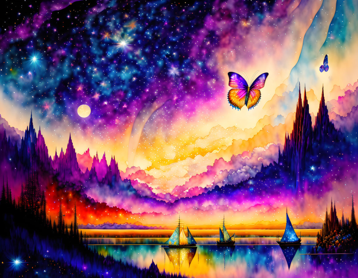 Colorful Fantasy Landscape with Starry Sky, Sunset, Ships, Lake, Trees & Butterflies