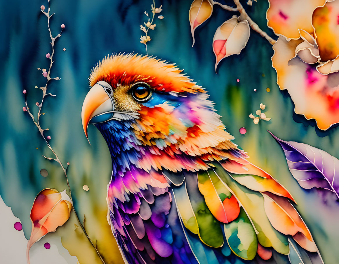 Colorful Bird Perched Among Flowers and Leaves in Fluid Artistic Style