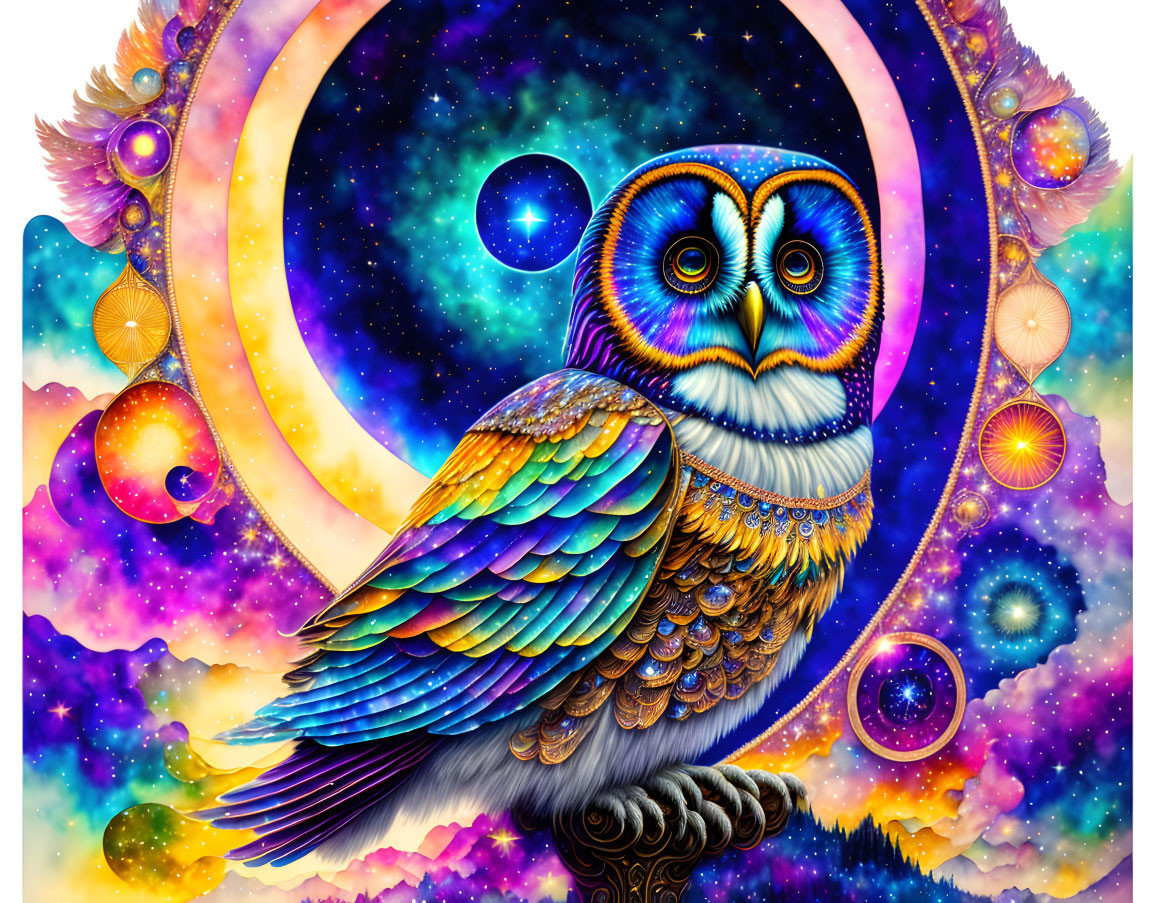 Detailed Psychedelic Owl Illustration on Cosmic Background