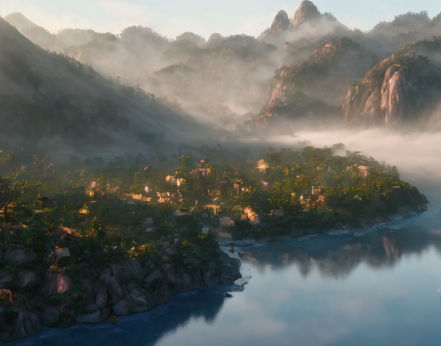 Misty village in serene morning sunlight