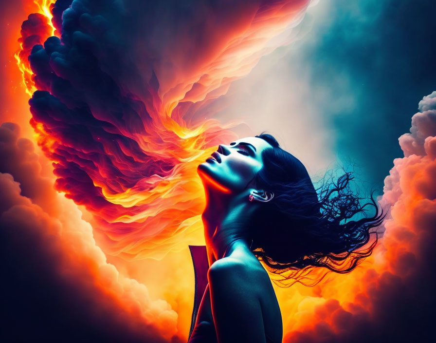 Woman with head tilted against vibrant fiery cloud backdrop