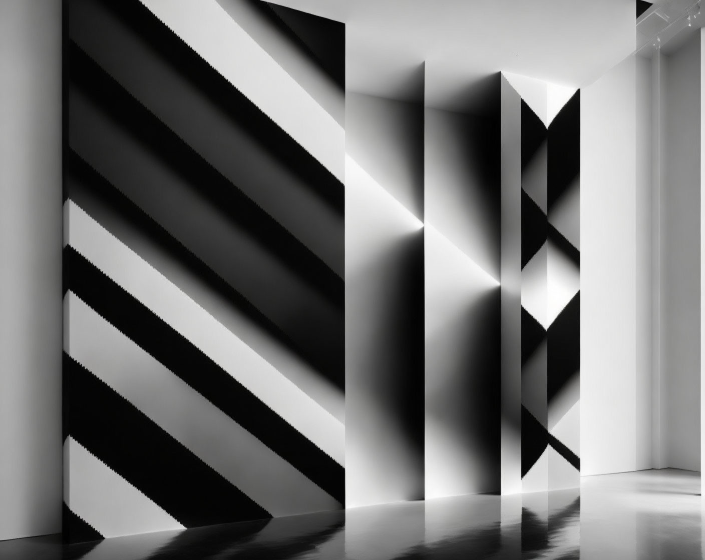 Black and white diagonal striped monochrome room with geometric pattern.