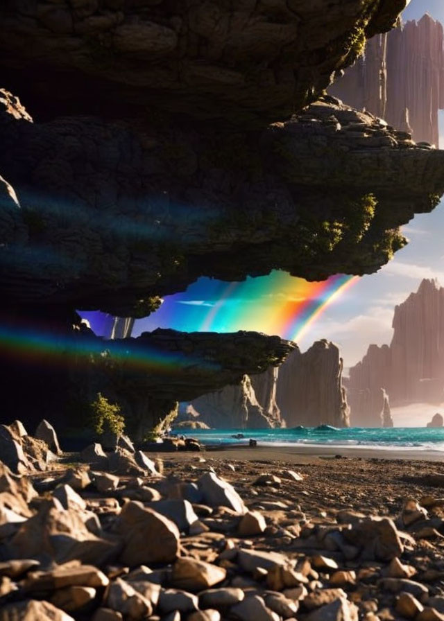 Colorful rainbow over rocky coastline with golden sunlight on cliffs